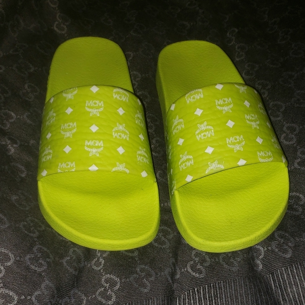 MCM Womans Neon Green Slide Sandals